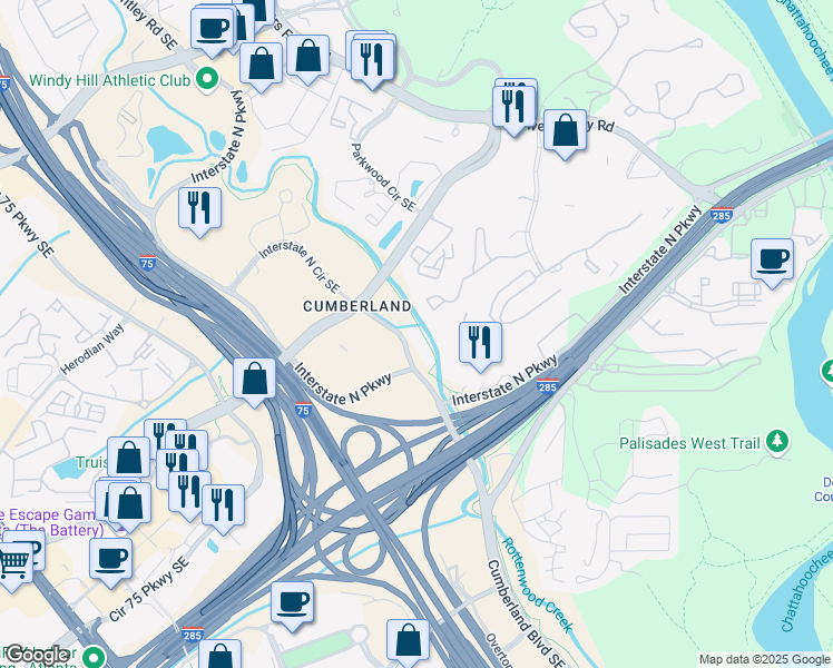 map of restaurants, bars, coffee shops, grocery stores, and more near 294 Interstate North Circle Southeast in Atlanta