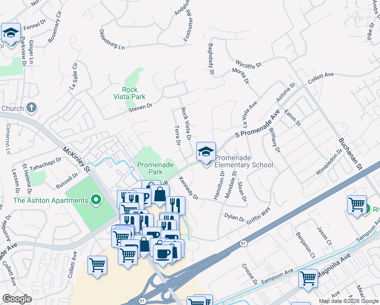 map of restaurants, bars, coffee shops, grocery stores, and more near 606 Rock Vista Drive in Corona