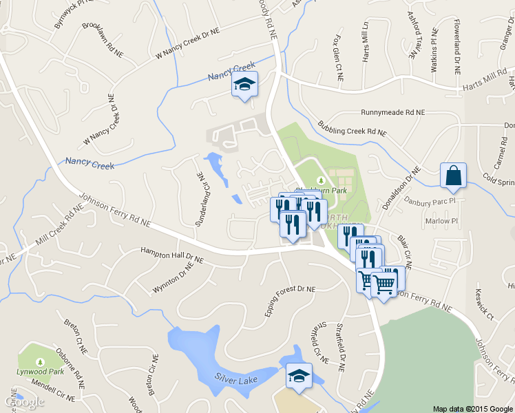 map of restaurants, bars, coffee shops, grocery stores, and more near 3708 Ashford Creek Hill Northeast in Atlanta