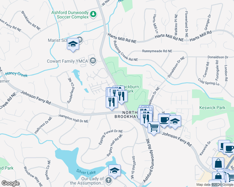 map of restaurants, bars, coffee shops, grocery stores, and more near 3566 Parkside Way in Brookhaven