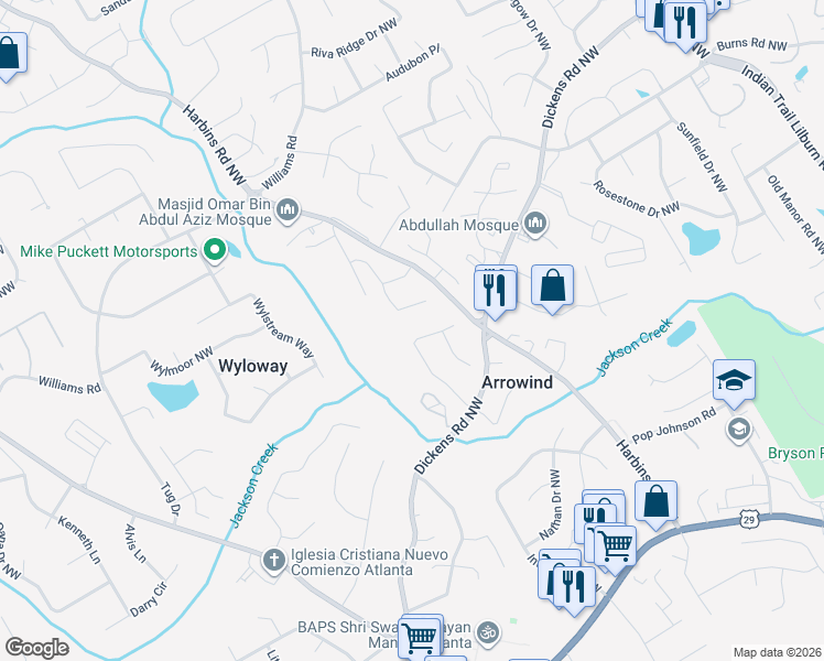 map of restaurants, bars, coffee shops, grocery stores, and more near 5610 Arrowind Road Northwest in Lilburn
