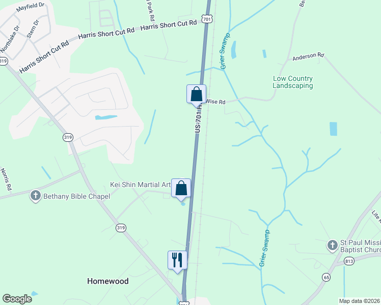 map of restaurants, bars, coffee shops, grocery stores, and more near 3663 U.S. 701 in Conway