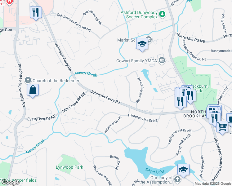 map of restaurants, bars, coffee shops, grocery stores, and more near 3556 Duberry Court Northeast in Atlanta