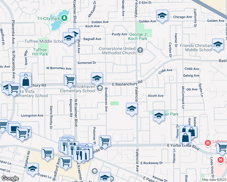 map of restaurants, bars, coffee shops, grocery stores, and more near 1819 Jones Place in Placentia