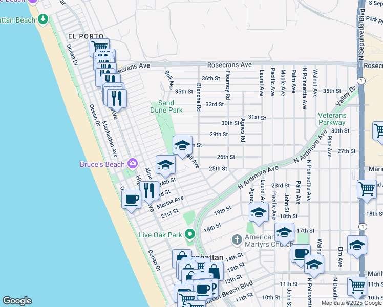 map of restaurants, bars, coffee shops, grocery stores, and more near 593 26th Street in Manhattan Beach