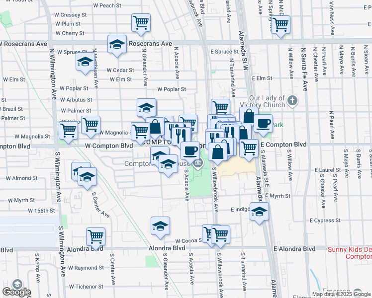 map of restaurants, bars, coffee shops, grocery stores, and more near 300 South Acacia Avenue in Compton
