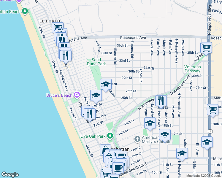 map of restaurants, bars, coffee shops, grocery stores, and more near 587 26th Street in Manhattan Beach