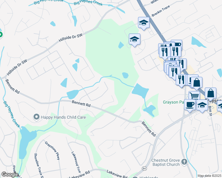 map of restaurants, bars, coffee shops, grocery stores, and more near 1615 Mount McKinley Drive in Grayson