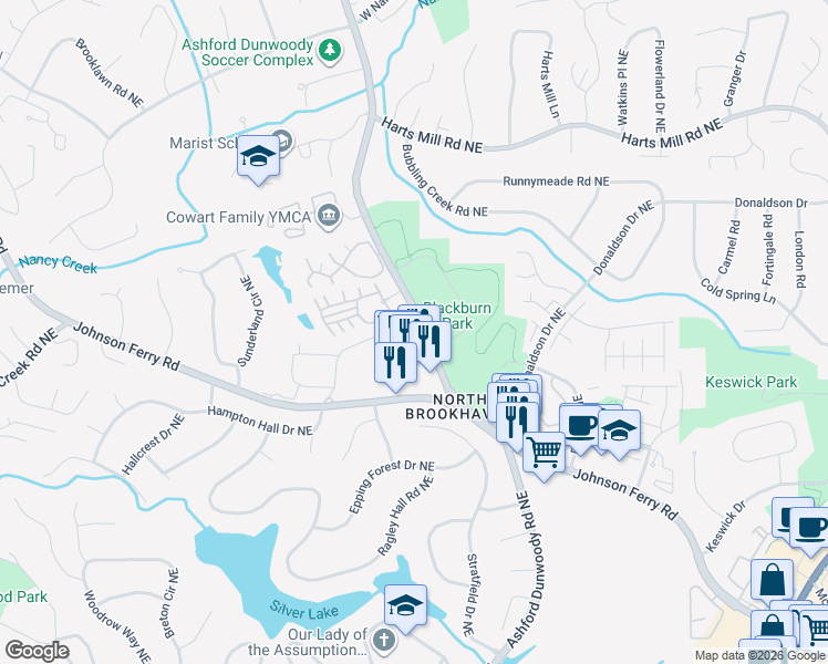 map of restaurants, bars, coffee shops, grocery stores, and more near 3566 Parkside Way in Brookhaven