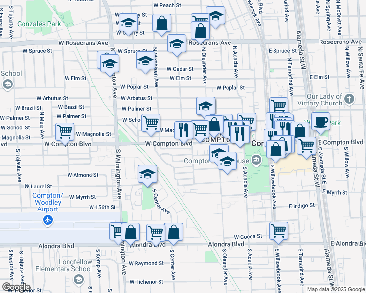 map of restaurants, bars, coffee shops, grocery stores, and more near 520 West Compton Boulevard in Compton