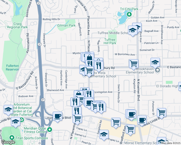 map of restaurants, bars, coffee shops, grocery stores, and more near 1808 North Placentia Avenue in Placentia