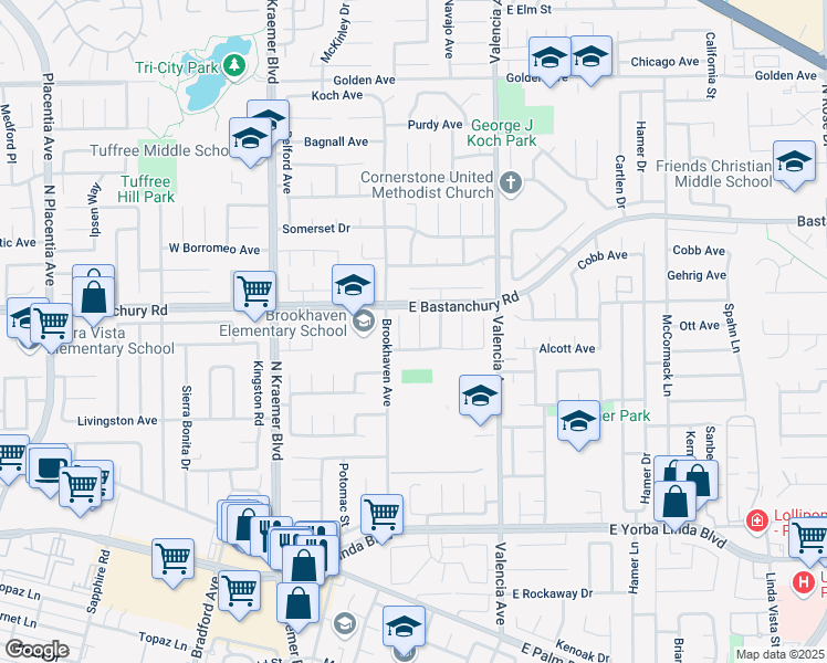 map of restaurants, bars, coffee shops, grocery stores, and more near 1819 Jones Place in Placentia