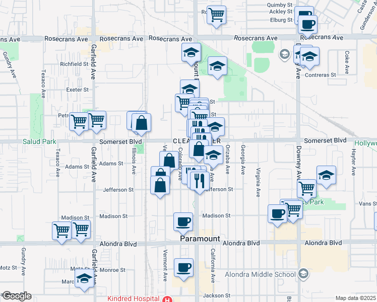 map of restaurants, bars, coffee shops, grocery stores, and more near 15129 Paramount Blvd in Paramount