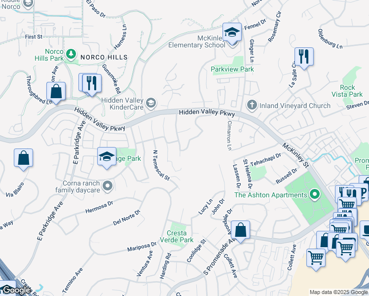 map of restaurants, bars, coffee shops, grocery stores, and more near 827 Allegre Drive in Corona