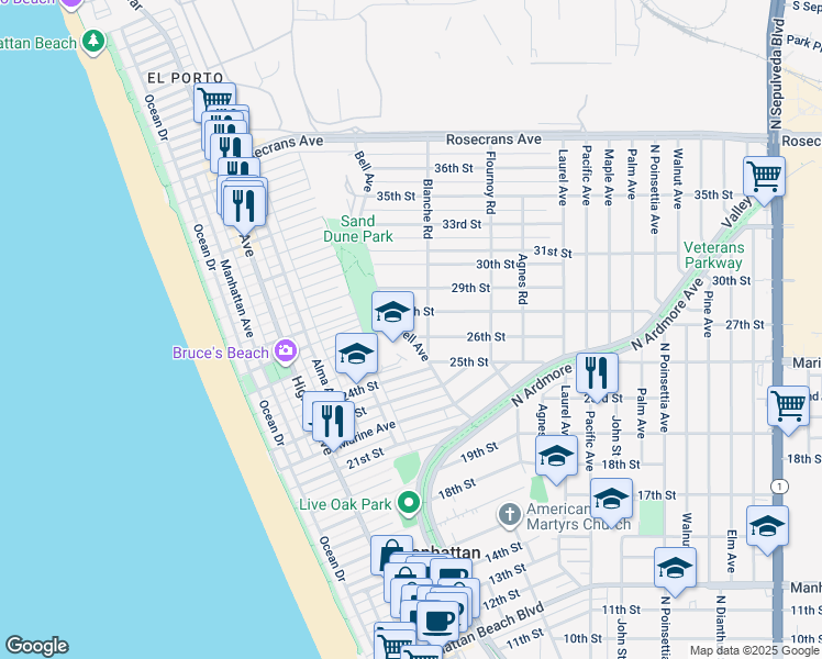 map of restaurants, bars, coffee shops, grocery stores, and more near 587 26th Street in Manhattan Beach