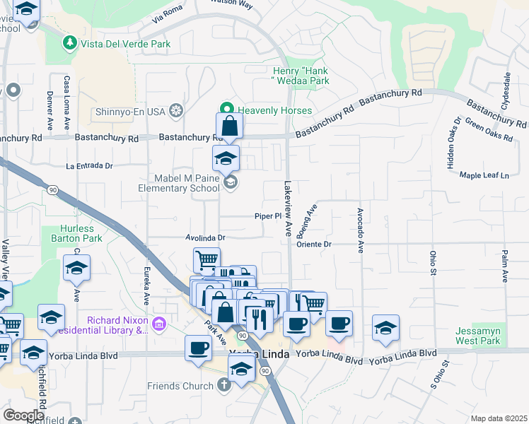 map of restaurants, bars, coffee shops, grocery stores, and more near 18381 Piper Place in Yorba Linda