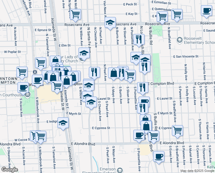 map of restaurants, bars, coffee shops, grocery stores, and more near 900 East Compton Boulevard in Compton
