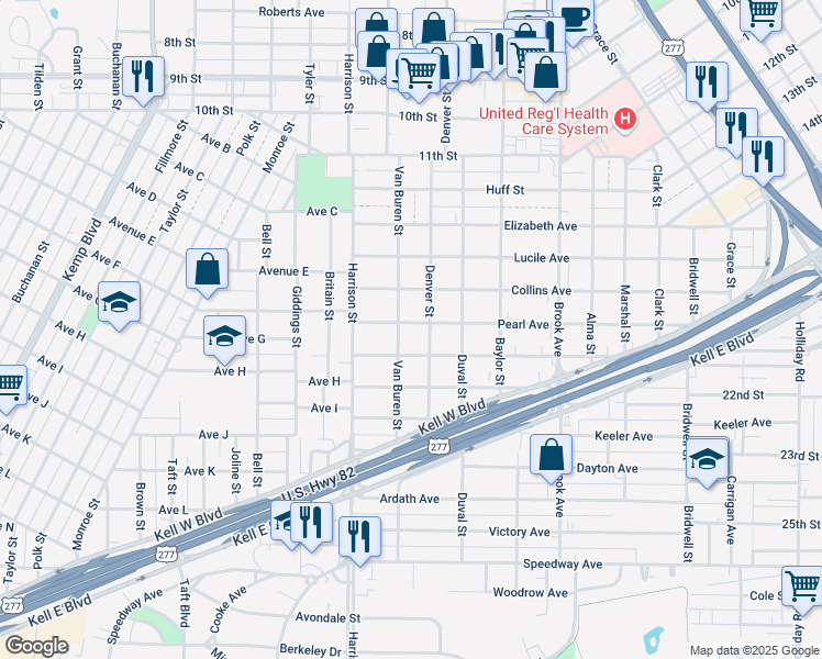 map of restaurants, bars, coffee shops, grocery stores, and more near 1907 Pearl Avenue in Wichita Falls