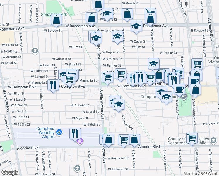 map of restaurants, bars, coffee shops, grocery stores, and more near 712 West Compton Boulevard in Compton