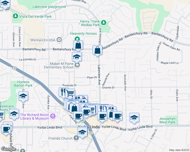 map of restaurants, bars, coffee shops, grocery stores, and more near 18431 Piper Place in Yorba Linda