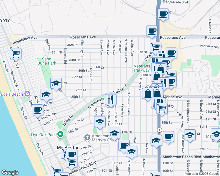 map of restaurants, bars, coffee shops, grocery stores, and more near 2500 Maple Avenue in Manhattan Beach