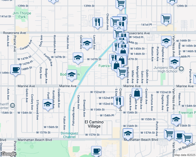 map of restaurants, bars, coffee shops, grocery stores, and more near 14930 Lemoli Avenue in Gardena