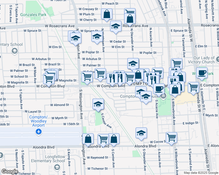 map of restaurants, bars, coffee shops, grocery stores, and more near 546 West Compton Boulevard in Compton