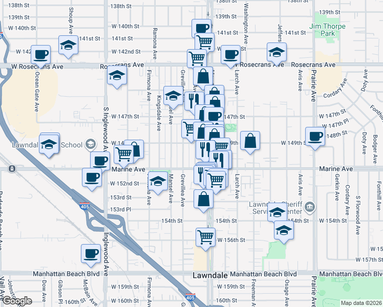 map of restaurants, bars, coffee shops, grocery stores, and more near 14925 Burin Avenue in Lawndale