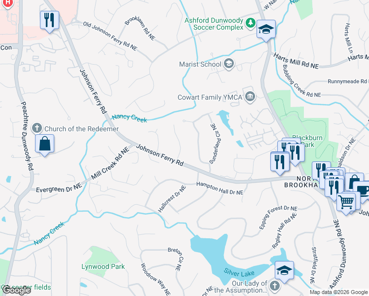 map of restaurants, bars, coffee shops, grocery stores, and more near 3556 Duberry Court Northeast in Atlanta