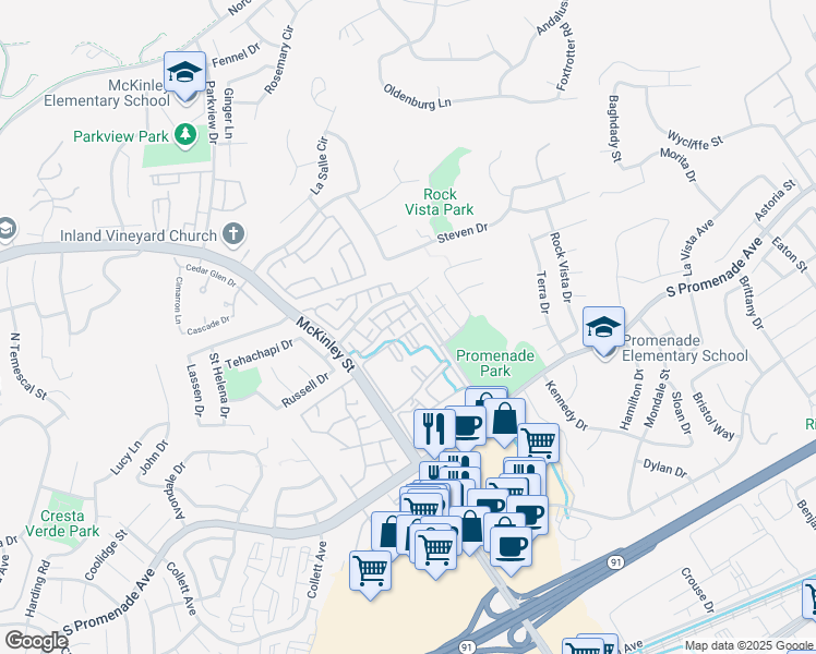 map of restaurants, bars, coffee shops, grocery stores, and more near 2270 East Treemont Place in Corona