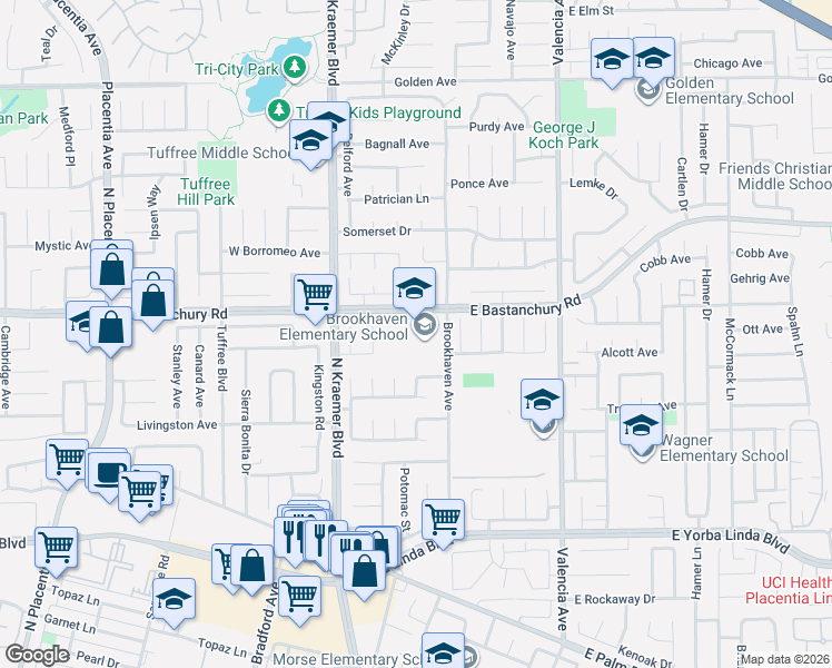 map of restaurants, bars, coffee shops, grocery stores, and more near 1851 Brookhaven Avenue in Placentia