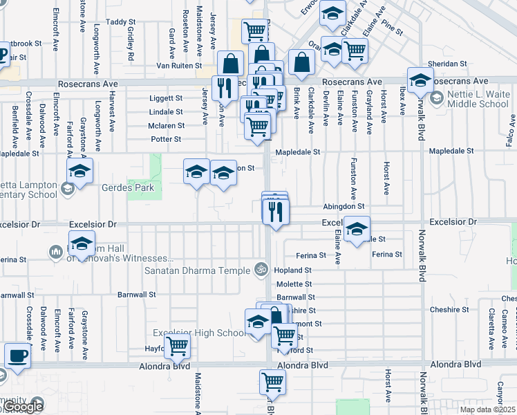 map of restaurants, bars, coffee shops, grocery stores, and more near 14835 Pioneer Boulevard in Norwalk