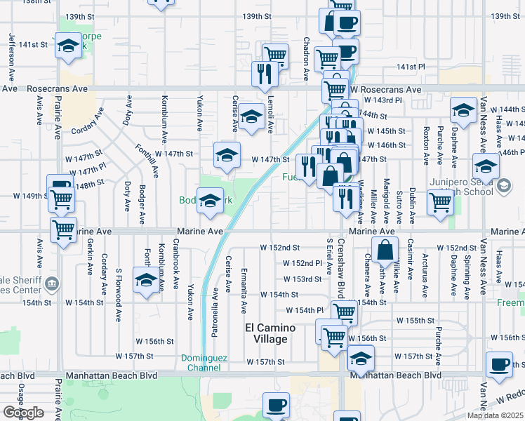 map of restaurants, bars, coffee shops, grocery stores, and more near 15505 Lemoli Avenue in Gardena