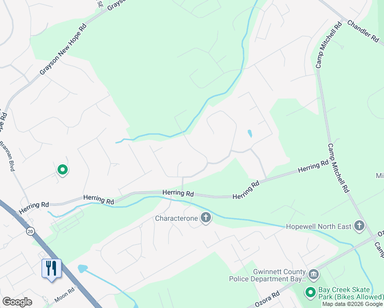 map of restaurants, bars, coffee shops, grocery stores, and more near 2480 Amberbrook Lane in Grayson