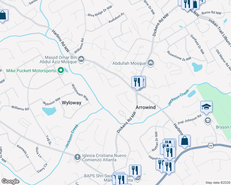 map of restaurants, bars, coffee shops, grocery stores, and more near 5610 Arrowind Road Northwest in Lilburn