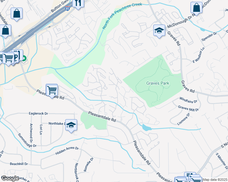 map of restaurants, bars, coffee shops, grocery stores, and more near 3511-3627 Morningside Village Lane in Atlanta