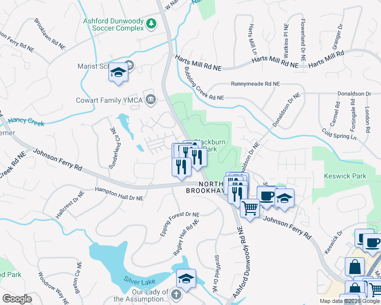 map of restaurants, bars, coffee shops, grocery stores, and more near 3566 Parkside Way in Brookhaven