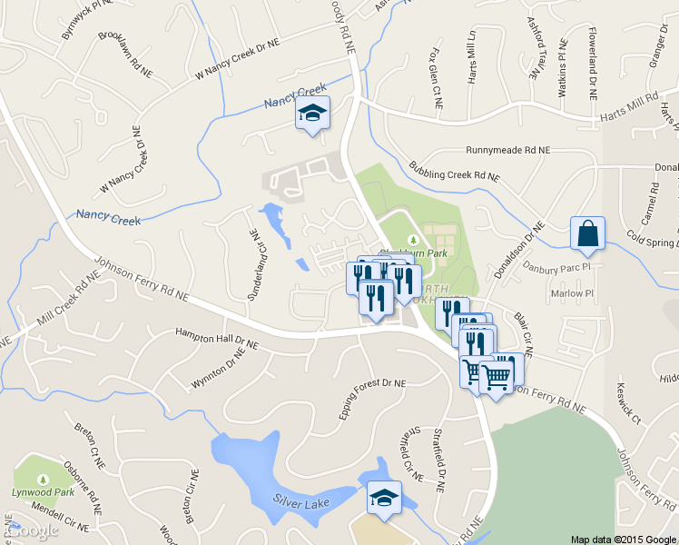 map of restaurants, bars, coffee shops, grocery stores, and more near 1417 Ashford Creek Circle Northeast in Atlanta