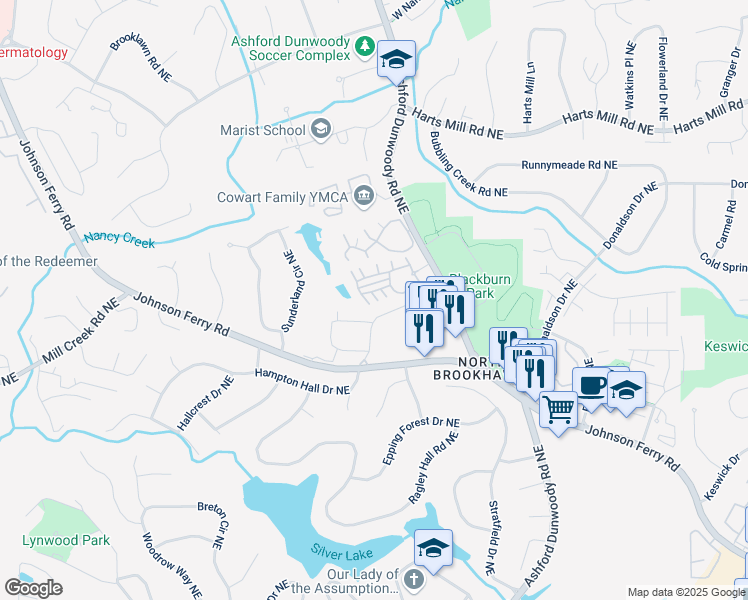 map of restaurants, bars, coffee shops, grocery stores, and more near 3708 Ashford Creek Hill Northeast in Atlanta