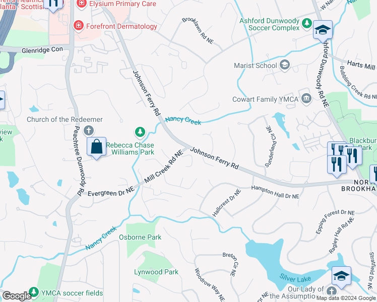 map of restaurants, bars, coffee shops, grocery stores, and more near 3541 High Grove Way in Atlanta