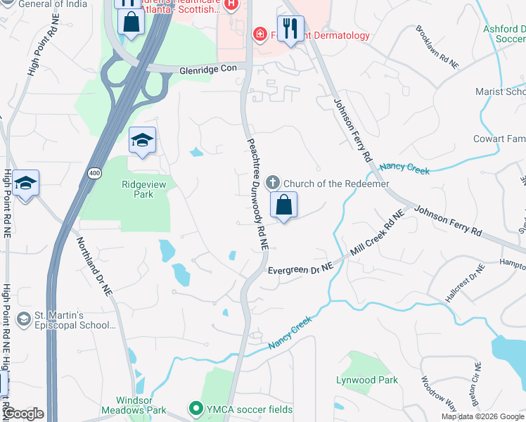 map of restaurants, bars, coffee shops, grocery stores, and more near 130 Woodchase Court in Atlanta
