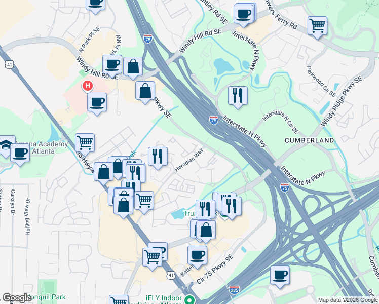 map of restaurants, bars, coffee shops, grocery stores, and more near 2782 Avington Lane in Smyrna