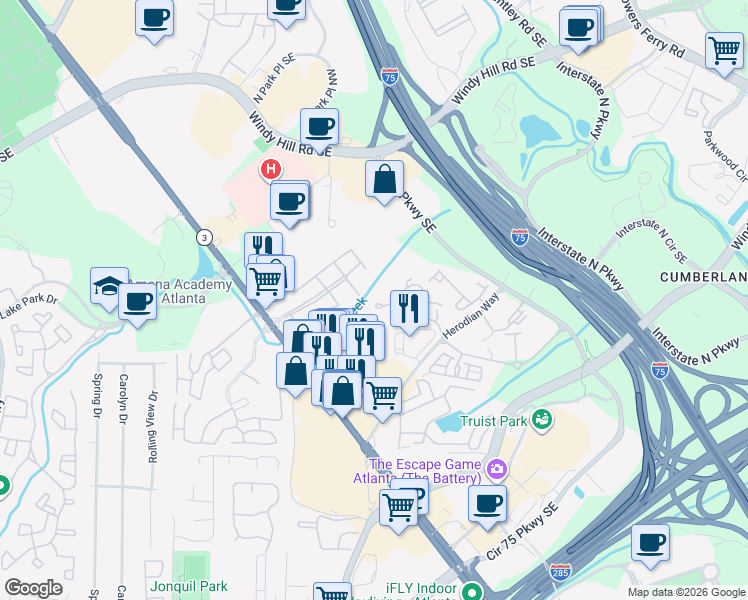 map of restaurants, bars, coffee shops, grocery stores, and more near 1201 Killarney Southeast in Smyrna