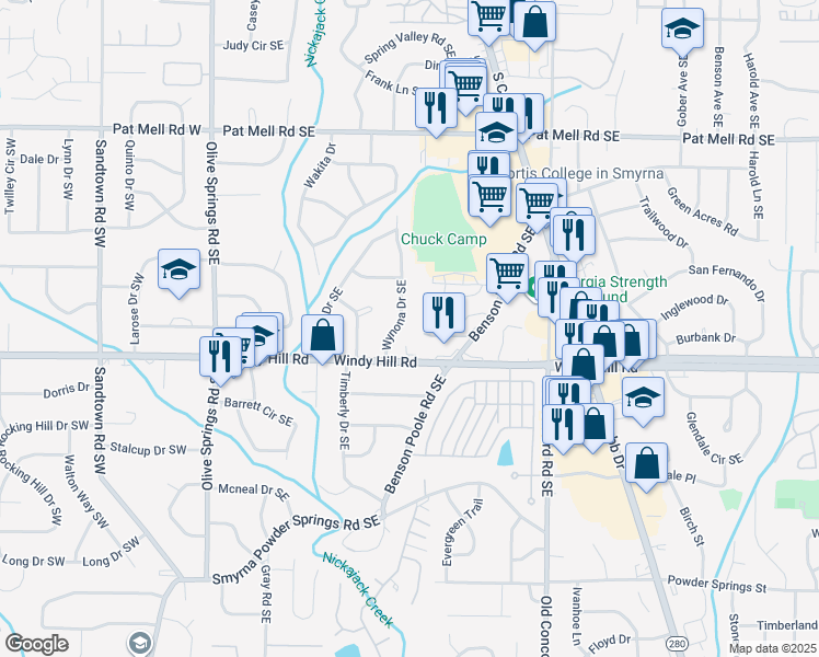 map of restaurants, bars, coffee shops, grocery stores, and more near 2363 Wynona Drive Southeast in Marietta