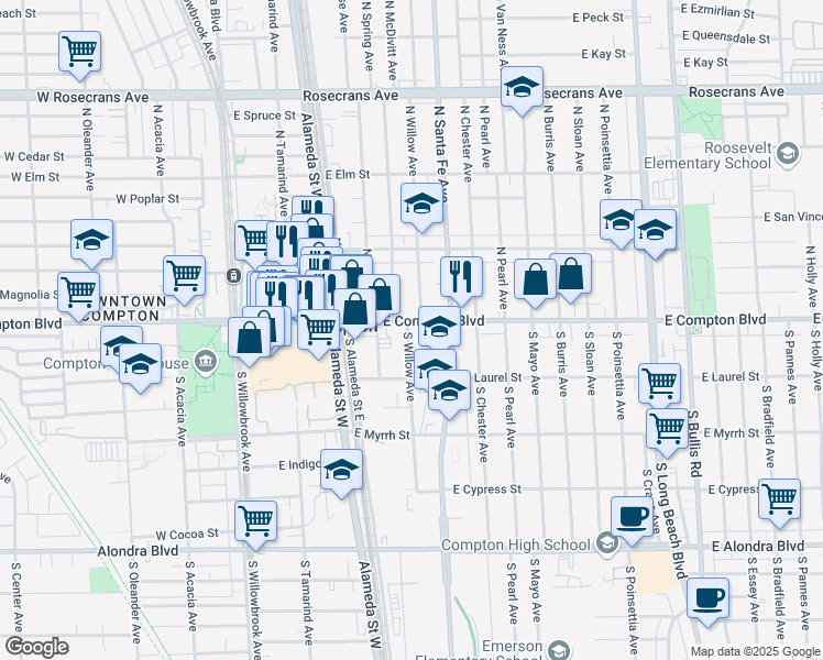 map of restaurants, bars, coffee shops, grocery stores, and more near 111 South Willow Avenue in Compton