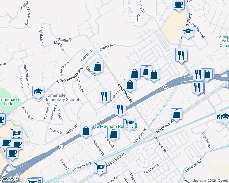 map of restaurants, bars, coffee shops, grocery stores, and more near 415 Scarborough Circle in Corona