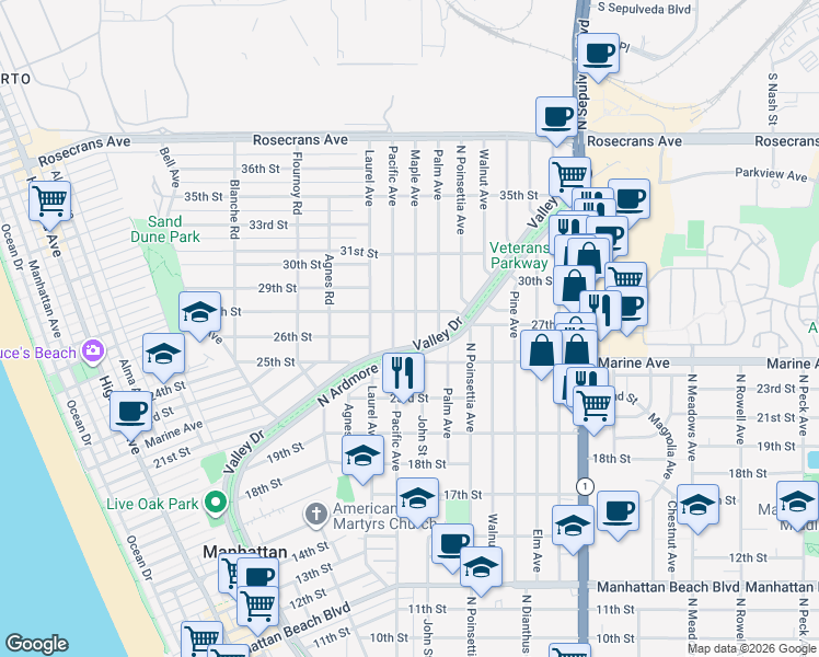 map of restaurants, bars, coffee shops, grocery stores, and more near 2607 Maple Avenue in Manhattan Beach