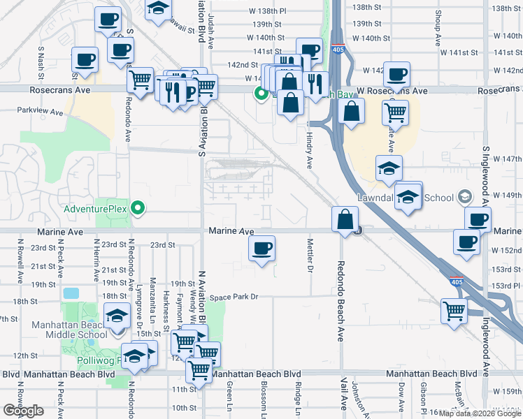 map of restaurants, bars, coffee shops, grocery stores, and more near 5439 Marine Avenue in Lawndale