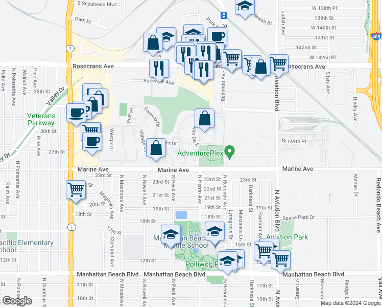 map of restaurants, bars, coffee shops, grocery stores, and more near 11 Cordoba Court in Manhattan Beach