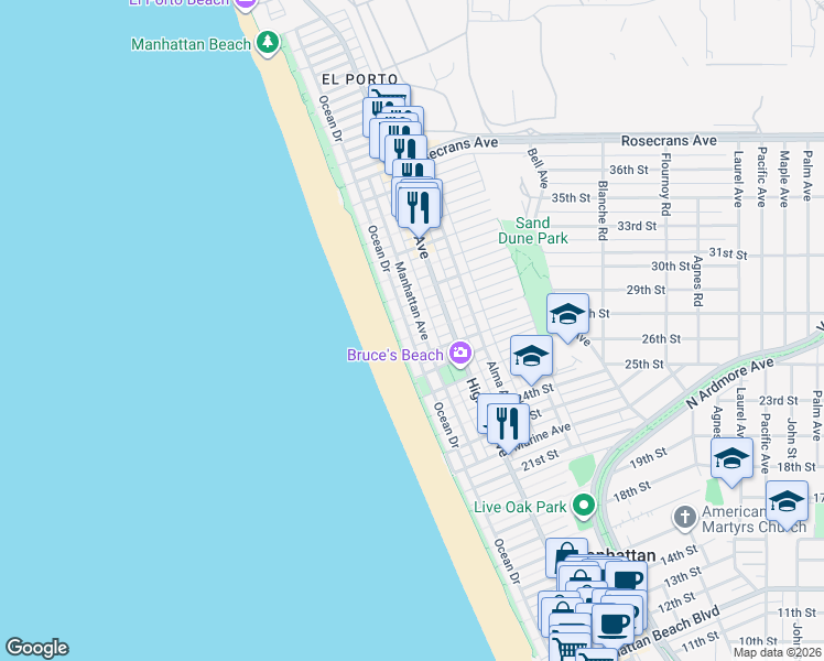 map of restaurants, bars, coffee shops, grocery stores, and more near 113 29th Street in Manhattan Beach